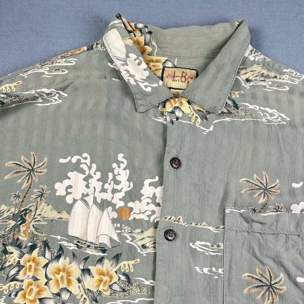 VTG Linguine & Bob Hawaiian Rayon Shirt Green Island Ship Print Sz-XL Resortwear